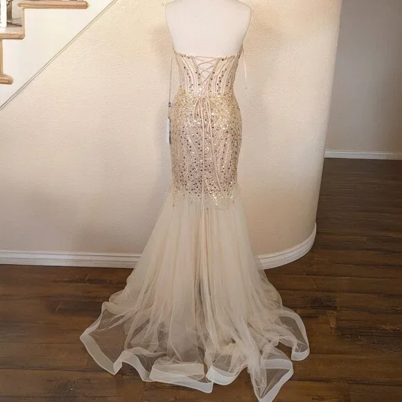 gold sequin strapless prom dress Modern Sequined Long Strapless A-line Evening Prom Dresses with Front Slit